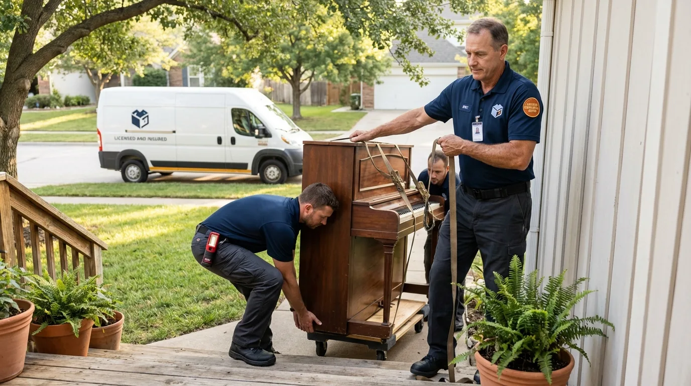 Licensed piano movers securing grand piano in Gothenburg, NE