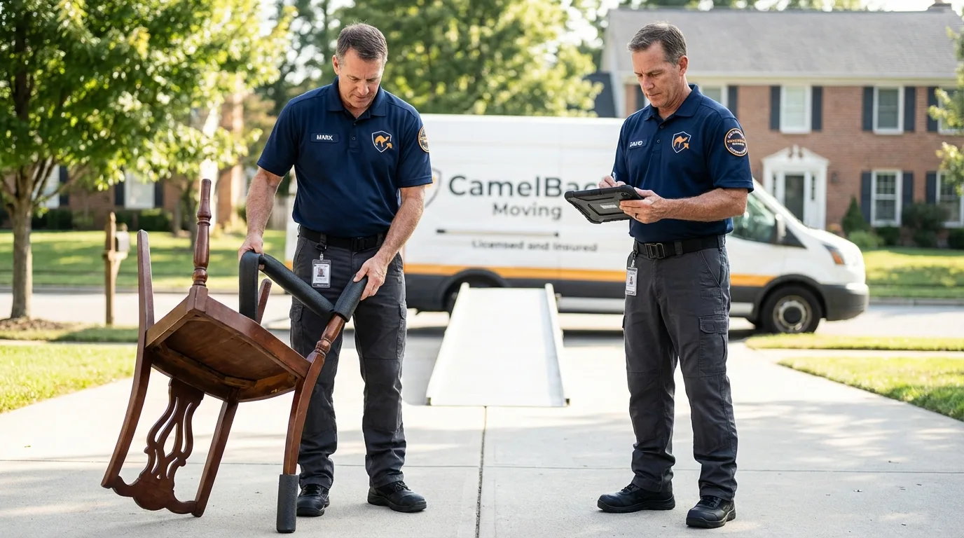 Movers inspecting furniture for damage prevention before loading in Gothenburg, NE