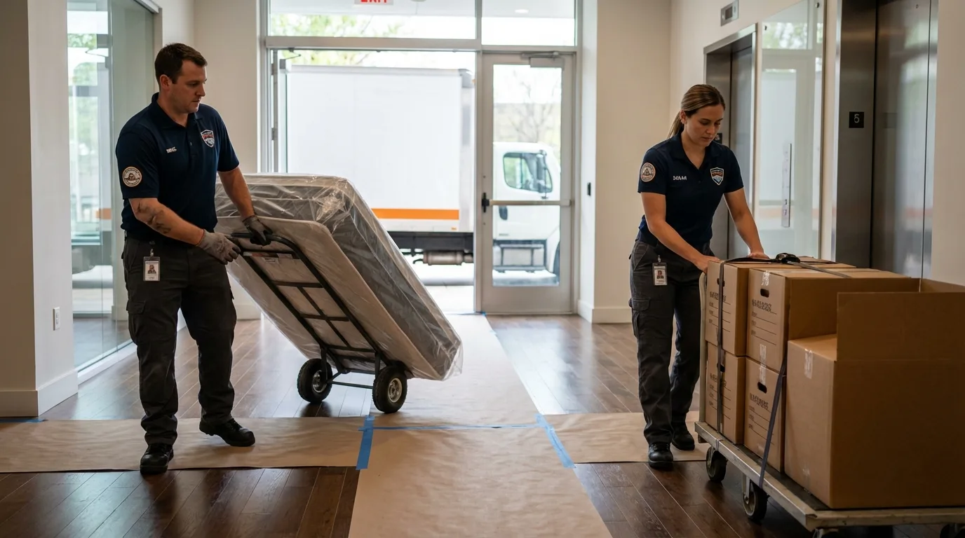 Professional apartment movers loading elevator in Gothenburg, NE